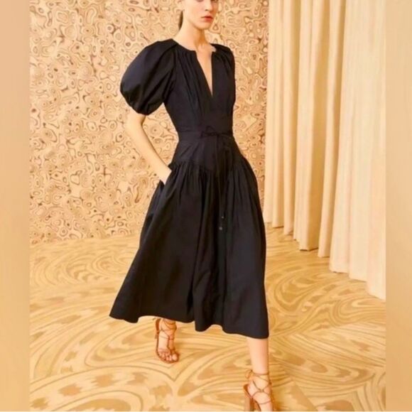 Ulla Johnson Carina Puff Sleeve Midi Dress in Black 100% Cotton Size 8 - Picture 1 of 6